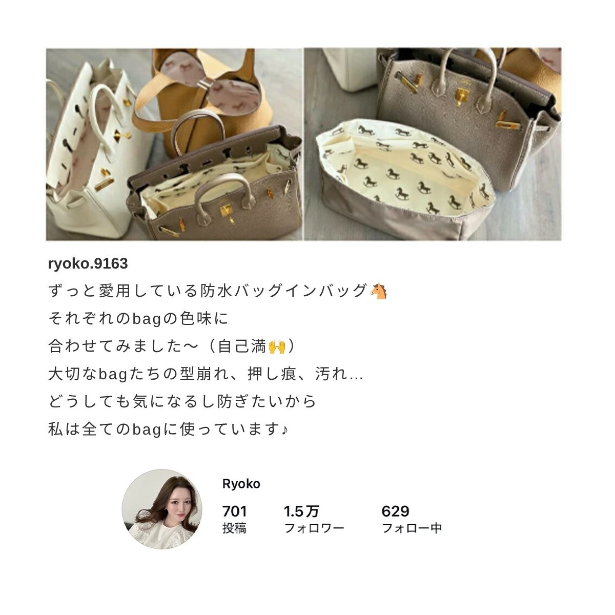 For HERMES（エルメス）馬柄防水バッグインバッグ バーキン25/30対応